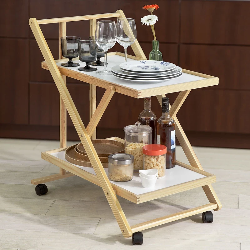 SoBuy FKW52-WN Chariot de service pliable sur roulettes 2 tablettes Desserte de cuisine roulante