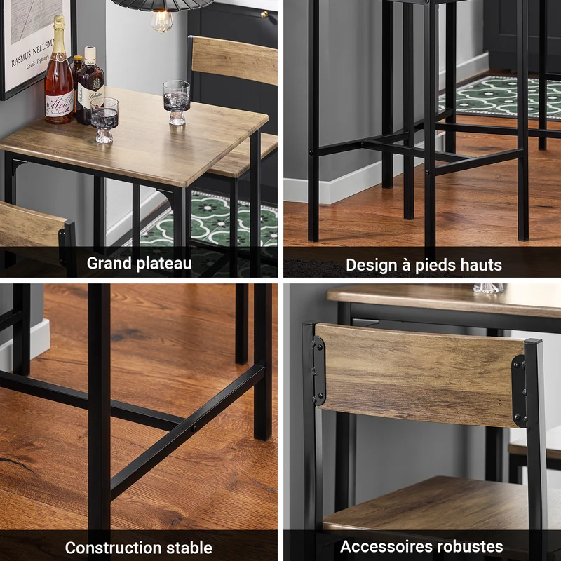 SoBuy OGT27-N Ensemble Table Haute avec 1 Table et 2 Tabourets, Format Gain de Place, pour Cuisine et Salle à Manger, Design Fonctionnel – MDF + Métal, Naturel