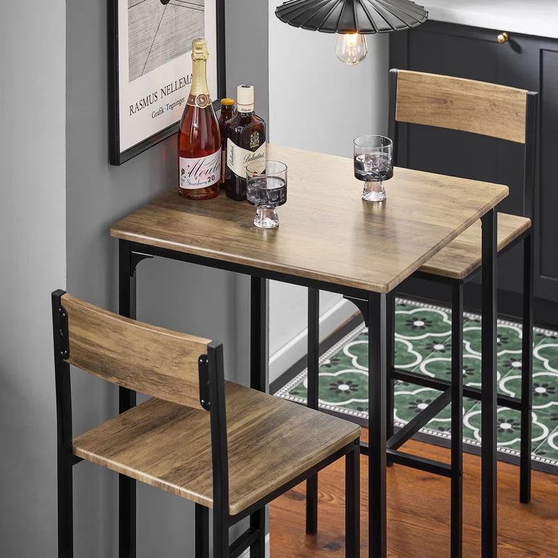 SoBuy OGT27-N Ensemble Table Haute avec 1 Table et 2 Tabourets, Format Gain de Place, pour Cuisine et Salle à Manger, Design Fonctionnel – MDF + Métal, Naturel