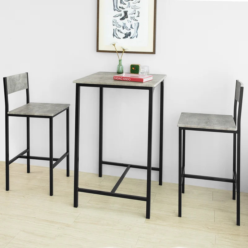 SoBuy OGT27-HG Ensemble Table Haute avec 1 Table et 2 Tabourets, Format Gain de Place, pour Cuisine et Salle à Manger, Design Fonctionnel – MDF + Métal, Gris