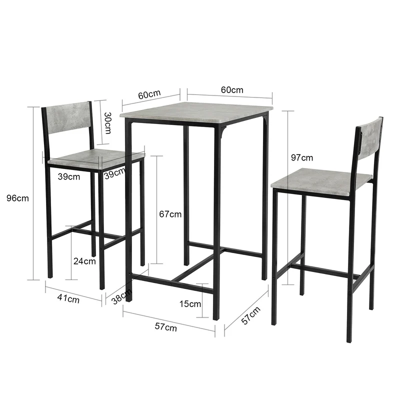 SoBuy OGT27-HG Ensemble Table Haute avec 1 Table et 2 Tabourets, Format Gain de Place, pour Cuisine et Salle à Manger, Design Fonctionnel – MDF + Métal, Gris