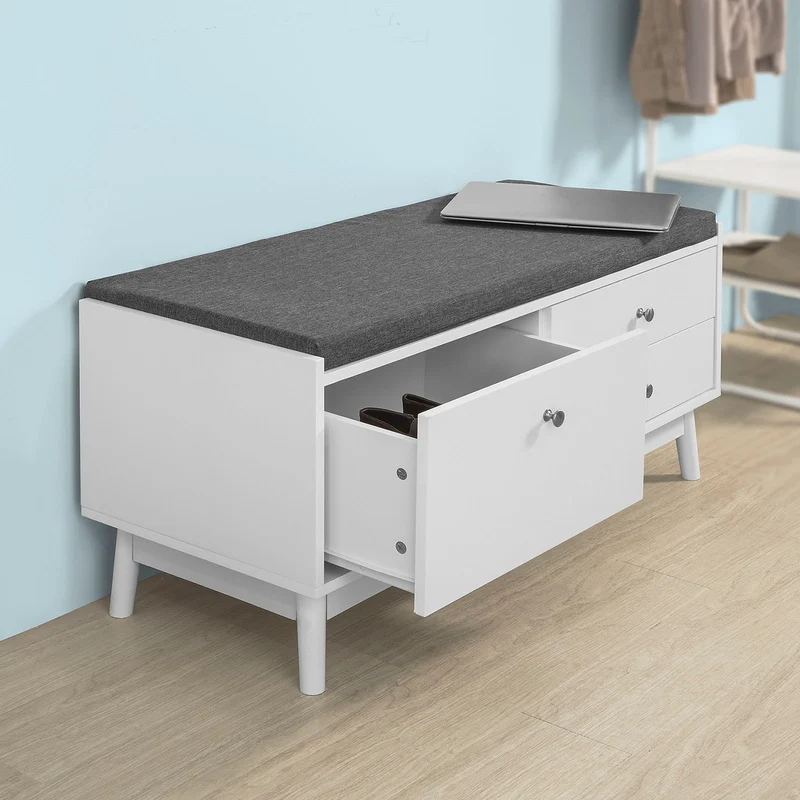 SoBuy FSR56-W Banc à Chaussures avec Coussin Rembourré et 3 Tiroirs pour Entrée Couloir – 100x40x49 cm, Blanc