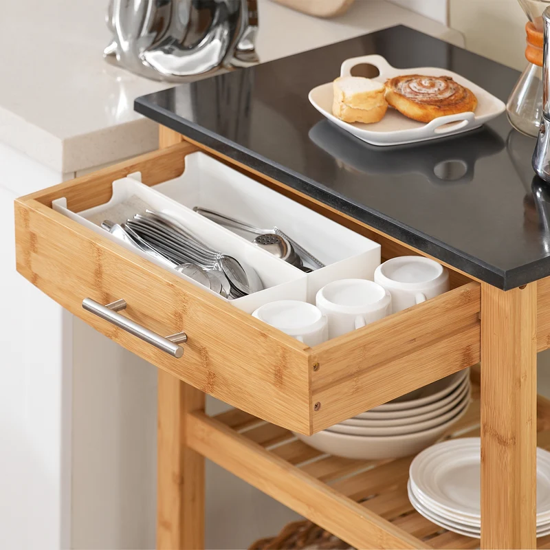 SoBuy FKW28-SCH Desserte Cuisine avec Roulettes et Étagère, Mobile, pour Cuisine et Salle à Manger, Rangement Optimisé, Pratique – L58×P40×H85 cm, Bambou, Noir