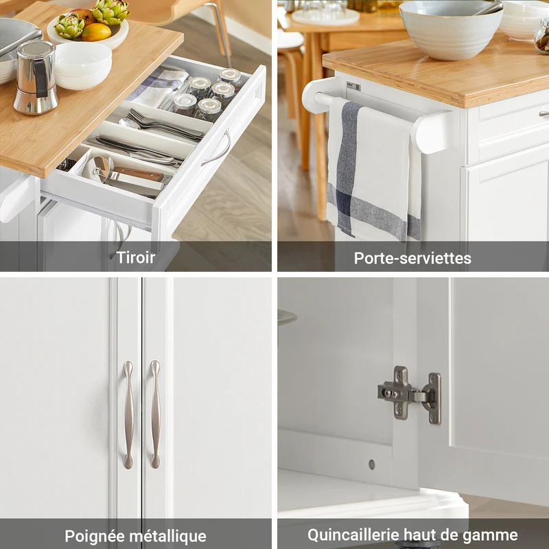 SoBuy FKW13-WN Desserte Cuisine avec Roulettes, Plateau en Bambou, 1 Tiroir et 2 Portes, Mobile, Rangement Optimisé – L66×P45×H91 cm, Bambou, Blanc et Naturel