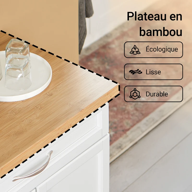 SoBuy FKW13-WN Desserte Cuisine avec Roulettes, Plateau en Bambou, 1 Tiroir et 2 Portes, Mobile, Rangement Optimisé – L66×P45×H91 cm, Bambou, Blanc et Naturel