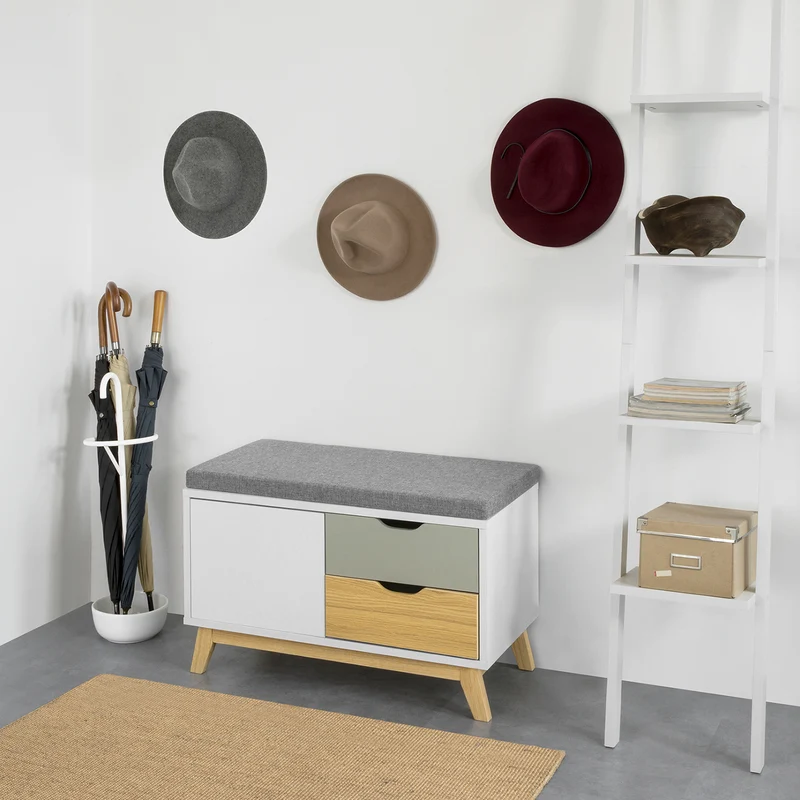 SoBuy FSR92-W Banc à Chaussures avec Coussin Rembourré, 2 Tiroirs et 1 Porte pour Entrée – 80x38x51 cm, Blanc