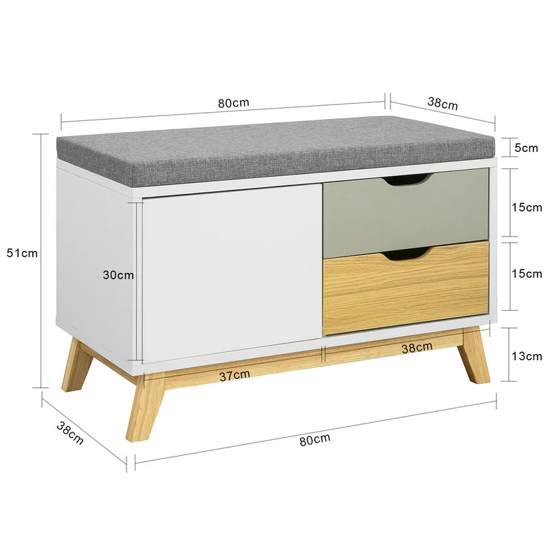 SoBuy FSR92-W Banc à Chaussures avec Coussin Rembourré, 2 Tiroirs et 1 Porte pour Entrée – 80x38x51 cm, Blanc