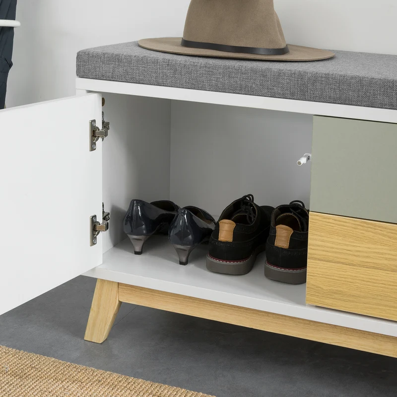 SoBuy FSR92-W Banc à Chaussures avec Coussin Rembourré, 2 Tiroirs et 1 Porte pour Entrée – 80x38x51 cm, Blanc