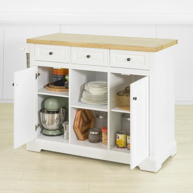 SoBuy FKW101-WN Desserte de Cuisine à Roulettes avec Plan de Travail, 3 Tiroirs, 2 Étagères et 2 Portes, Charge 50 kg – 115x46x91 cm, Blanc et Naturel