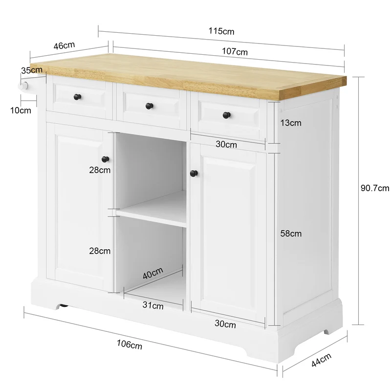 SoBuy FKW101-WN Desserte de Cuisine à Roulettes avec Plan de Travail, 3 Tiroirs, 2 Étagères et 2 Portes, Charge 50 kg – 115x46x91 cm, Blanc et Naturel