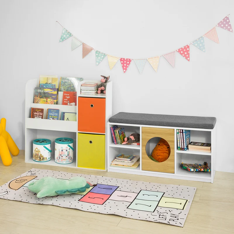 SoBuy FSR91-W Banc de Rangement pour Enfant Coffre à jouets Banc à Chaussures avec Maison de Chat Commode à Chaussures avec Coussin d'assise