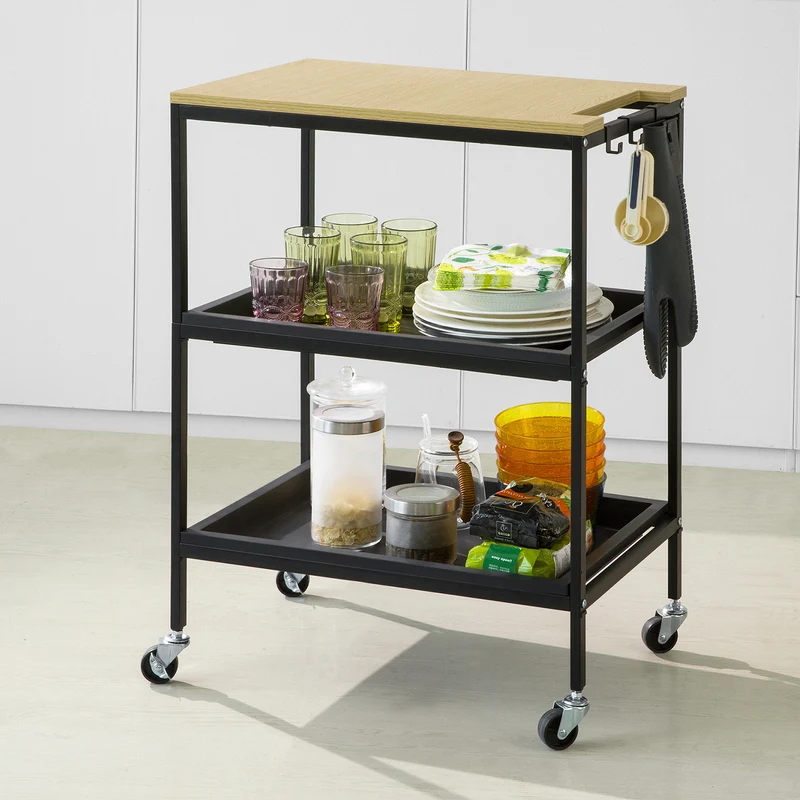 SoBuy SVW13-SCH Chariot de Rangement à l'île de Cuisine avec 2 Plateaux Amovibles et 3 Crochets