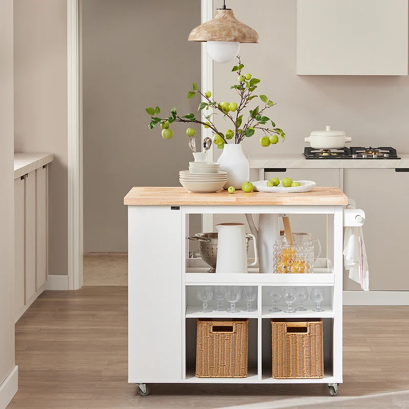 SoBuy FKW97-WN Desserte Cuisine avec Roulettes, Usage Polyvalent, Mobile, pour Cuisine et Salle à Manger, Rangement Optimisé – L108×P60×H90 cm, Blanc et Naturel