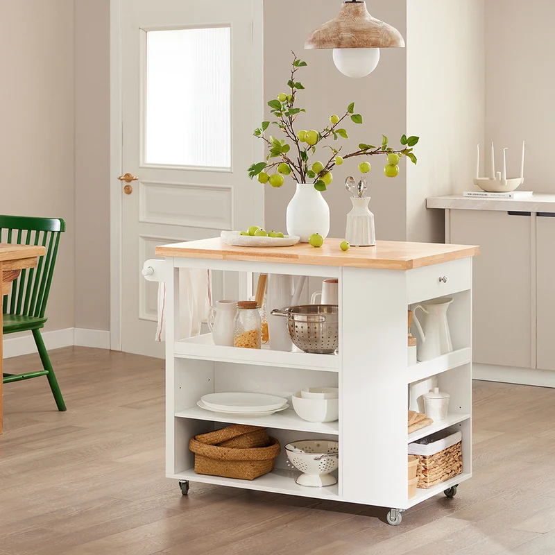 SoBuy FKW97-WN Desserte Cuisine avec Roulettes, Usage Polyvalent, Mobile, pour Cuisine et Salle à Manger, Rangement Optimisé – L108×P60×H90 cm, Blanc et Naturel