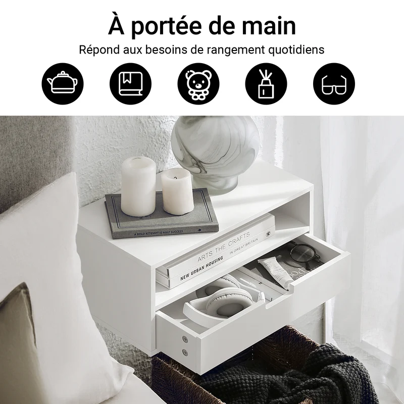 SoBuy NKD03-Wx2 Table de Chevet Murale, Table de Nuit Flottante avec Tiroir et Plateau, Étagère Murale pour Chambre à Coucher, L 45 x P 25 x H 22 cm, Blanc