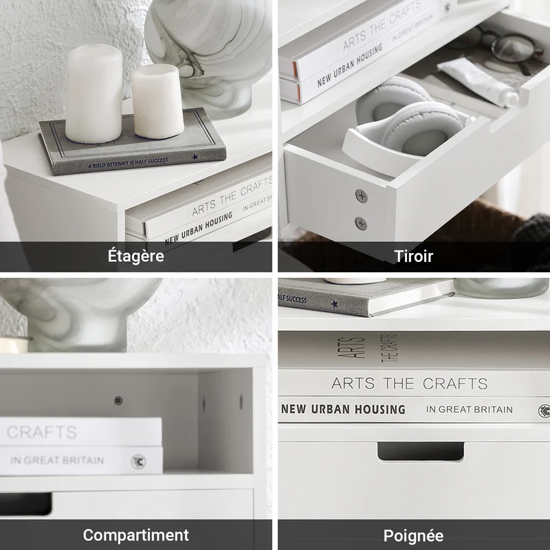 SoBuy NKD03-Wx2 Table de Chevet Murale, Table de Nuit Flottante avec Tiroir et Plateau, Étagère Murale pour Chambre à Coucher, L 45 x P 25 x H 22 cm, Blanc