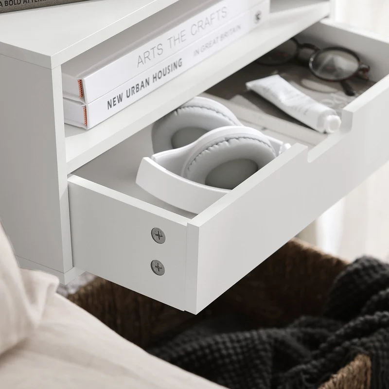 SoBuy NKD03-Wx2 Table de Chevet Murale, Table de Nuit Flottante avec Tiroir et Plateau, Étagère Murale pour Chambre à Coucher, L 45 x P 25 x H 22 cm, Blanc