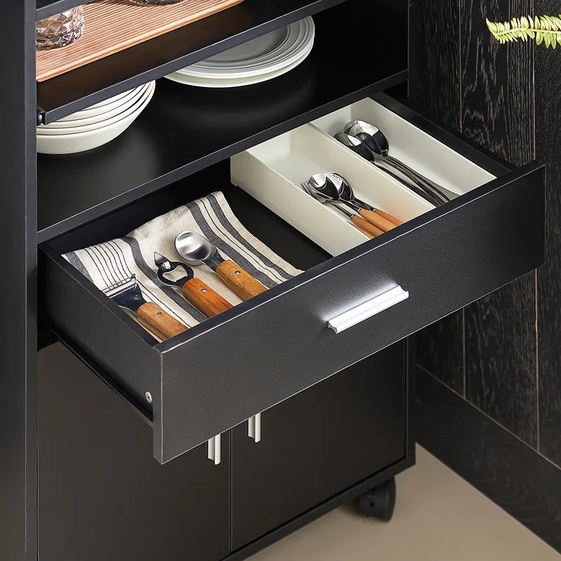 SoBuy FSB09-SCH Chariot de Cuisine sur Roulettes – Plan de Travail Extensible, 2 Étagères, Tiroir, Placard, 59×40×92 cm, Noir