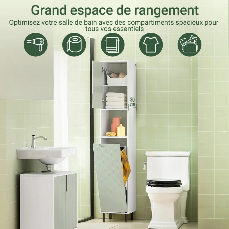 SoBuy BZR137-GR Colonne Salle de Bain Vert et Blanc 167 cm avec Sac à Linge Pliable, Porte, Étagère Réglable et Compartiment Ouvert – Pieds Métal, 30 cm de Profondeur