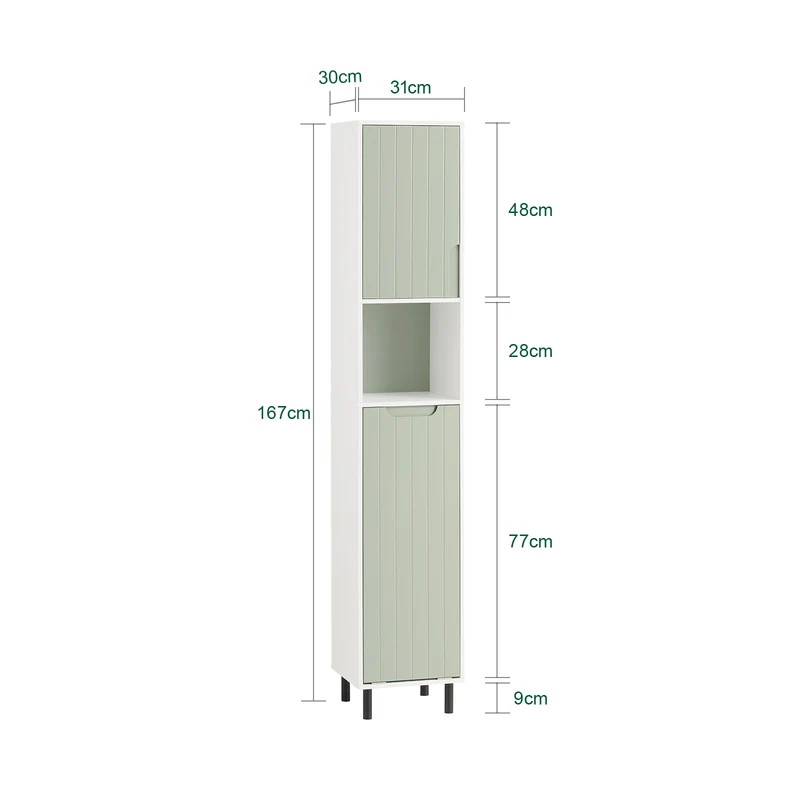 SoBuy BZR137-GR Colonne Salle de Bain Vert et Blanc 167 cm avec Sac à Linge Pliable, Porte, Étagère Réglable et Compartiment Ouvert – Pieds Métal, 30 cm de Profondeur