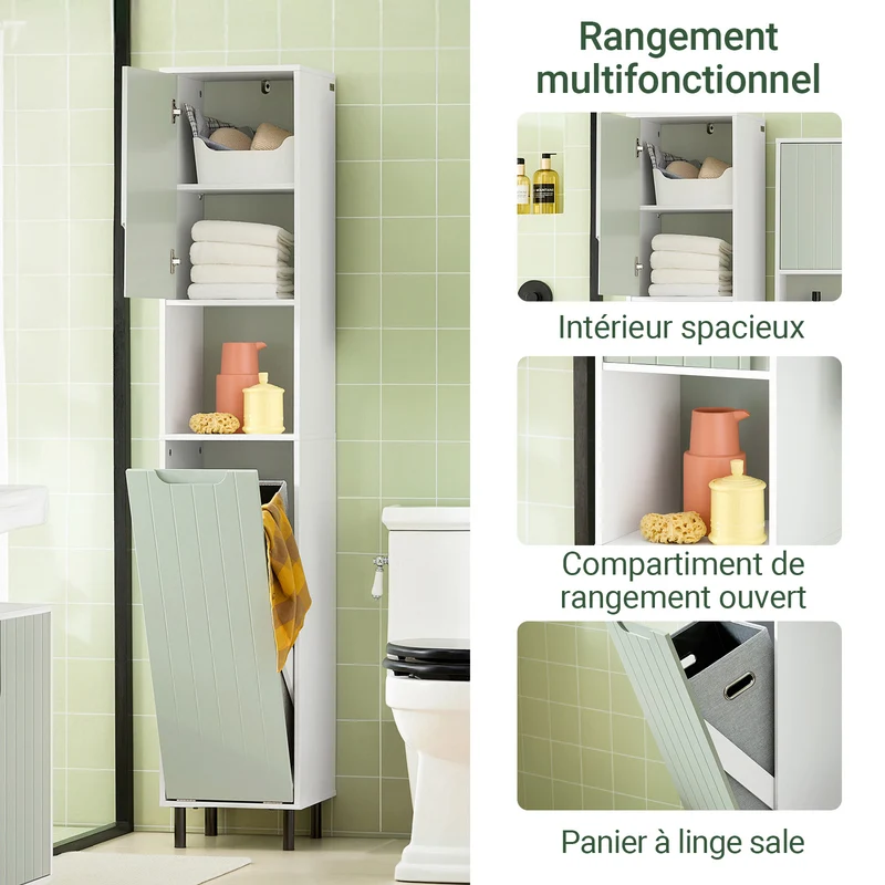 SoBuy BZR137-GR Colonne Salle de Bain Vert et Blanc 167 cm avec Sac à Linge Pliable, Porte, Étagère Réglable et Compartiment Ouvert – Pieds Métal, 30 cm de Profondeur