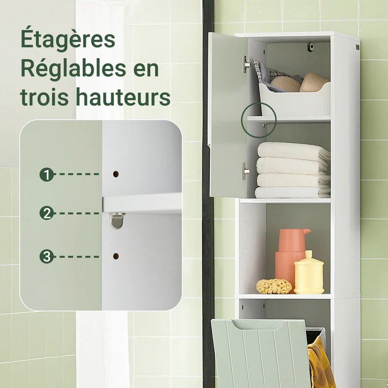 SoBuy BZR137-GR Colonne Salle de Bain Vert et Blanc 167 cm avec Sac à Linge Pliable, Porte, Étagère Réglable et Compartiment Ouvert – Pieds Métal, 30 cm de Profondeur