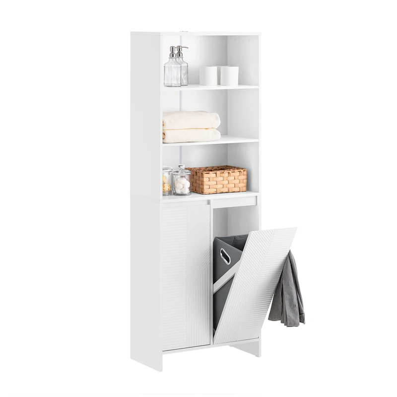 SoBuy BZR155-W Meuble Colonne Salle de Bain avec Panier à Linge – Armoire Haute Étroit avec Portes et Étagères Ouvertes – Meuble Rangement WC Blanc 60x30x171cm