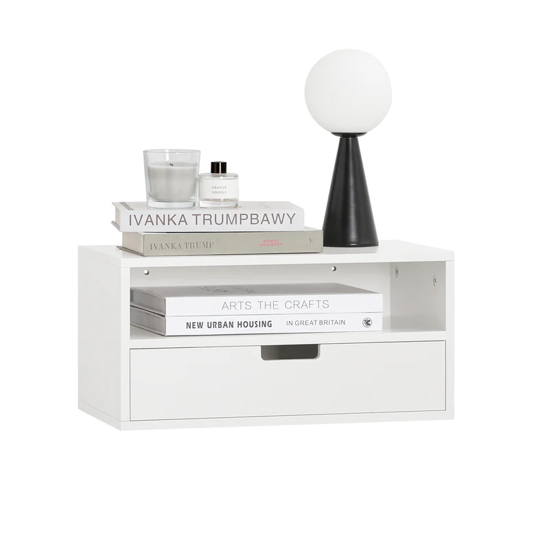 SoBuy NKD03-W Table de Chevet Murale, Table de Nuit Flottante avec Tiroir et Plateau, Étagère Murale pour Chambre à Coucher, L 45 x P 25 x H 22 cm, Blanc