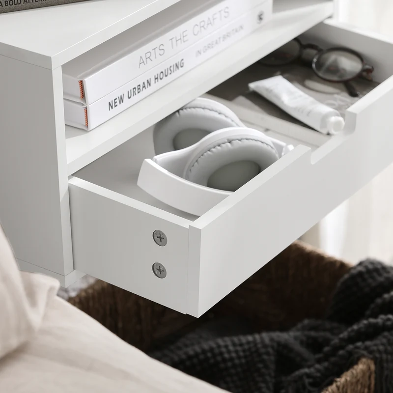 SoBuy NKD03-W Table de Chevet Murale, Table de Nuit Flottante avec Tiroir et Plateau, Étagère Murale pour Chambre à Coucher, L 45 x P 25 x H 22 cm, Blanc