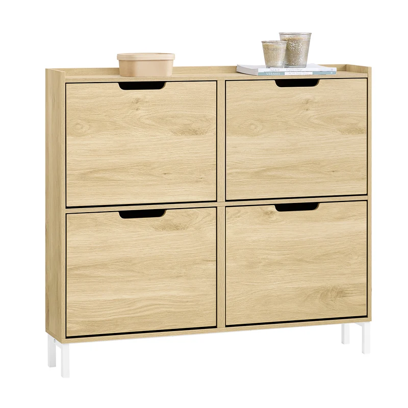 SoBuy FSR100-N Armoire à chaussures ultra-slim 19 cm – 4 abattants, 8 à 12 paires, anti-basculement, Naturel, 100×19×91 cm