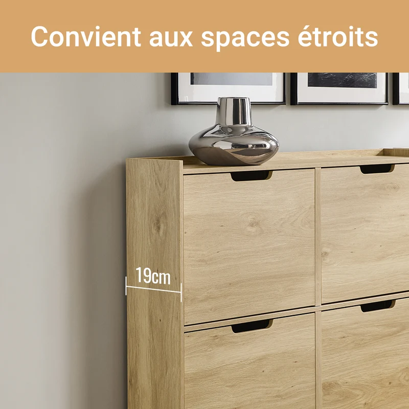 SoBuy FSR100-N Armoire à chaussures ultra-slim 19 cm – 4 abattants, 8 à 12 paires, anti-basculement, Naturel, 100×19×91 cm