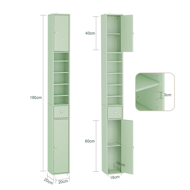 SoBuy BZR34-II-GR Colonne Salle de Bain Ultra-Étroite 20×20×180 cm – Tiroir Central, Étagères Réglables, Vert Clair