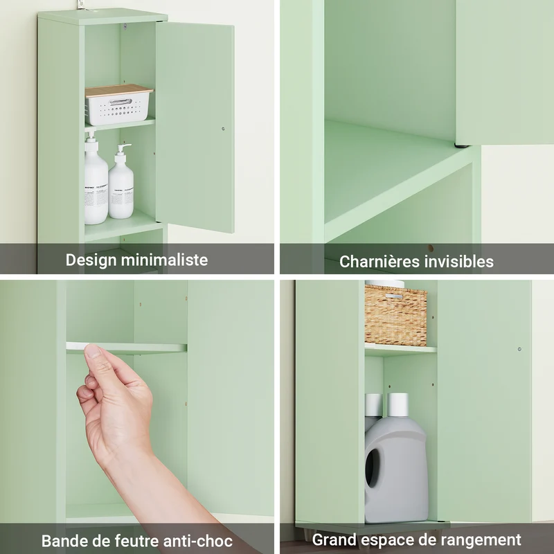 SoBuy BZR34-II-GR Colonne Salle de Bain Ultra-Étroite 20×20×180 cm – Tiroir Central, Étagères Réglables, Vert Clair