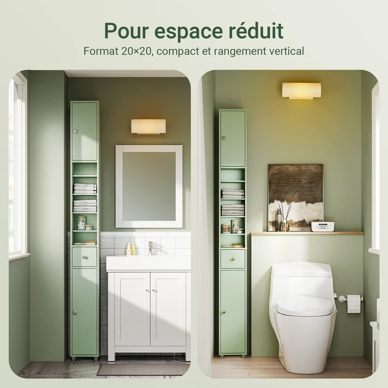 SoBuy BZR34-II-GR Colonne Salle de Bain Ultra-Étroite 20×20×180 cm – Tiroir Central, Étagères Réglables, Vert Clair