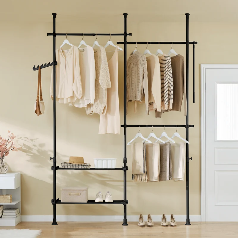 SoBuy FRG34-II-SCH Dressing télescopique sans perçage 124–226 cm avec tringles et étagères – Penderie ouverte noire