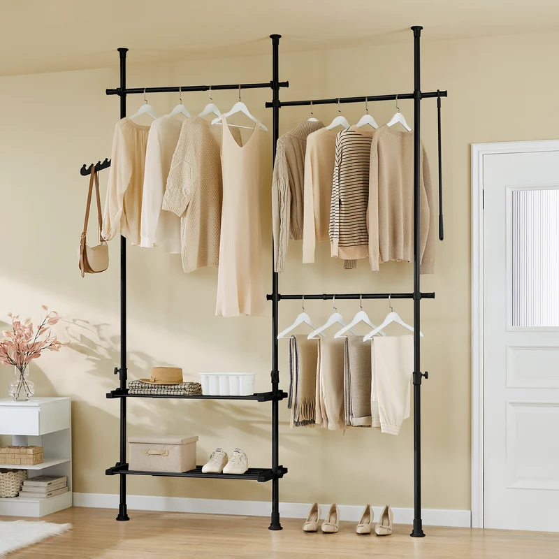 SoBuy FRG34-II-SCH Dressing télescopique sans perçage 124–226 cm avec tringles et étagères – Penderie ouverte noire