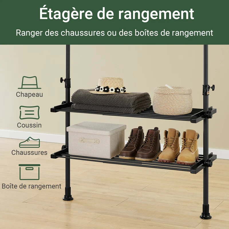 SoBuy FRG34-II-SCH Dressing télescopique sans perçage 124–226 cm avec tringles et étagères – Penderie ouverte noire