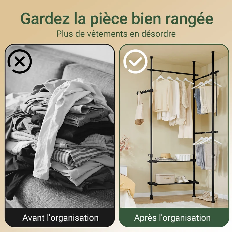 SoBuy FRG34-II-SCH Dressing télescopique sans perçage 124–226 cm avec tringles et étagères – Penderie ouverte noire