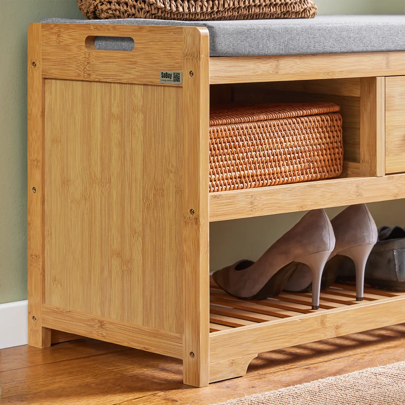SoBuy FSR75-N Banc à Chaussures avec Tiroir et Assise, Étagère de Rangement pour Entrée Couloir – 91x34x45 cm, Naturel