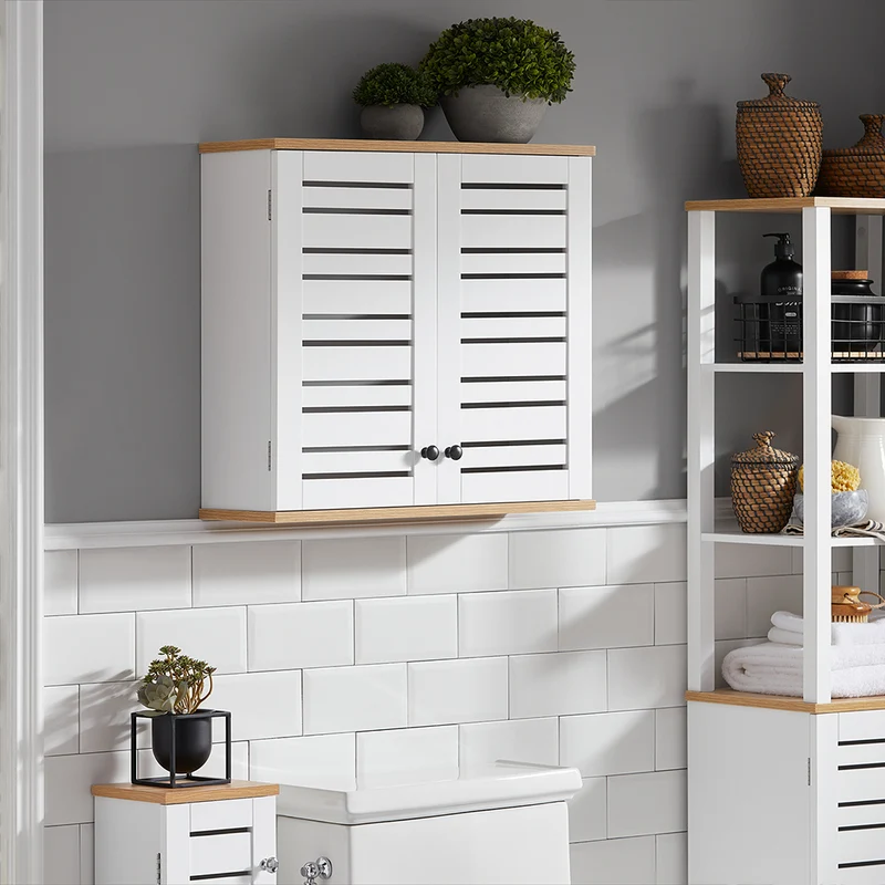 SoBuy BZR42-W Armoire Murale Salle de Bain avec Portes Persiennes et Étagères Réglables – 60×56×19 cm – Blanc