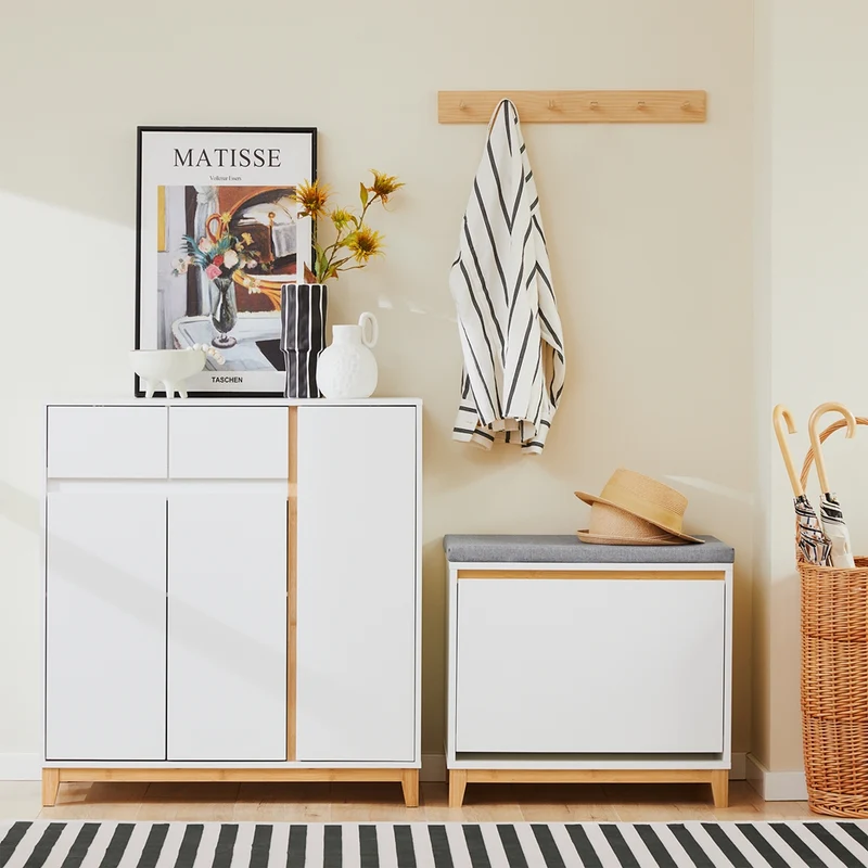 SoBuy FSR191-WN Banc à Chaussures avec Coussin Rembourré et 1 Abattant – 3 Compartiments, L60×P34×H55 cm, Charge 115 kg, Blanc et Naturel