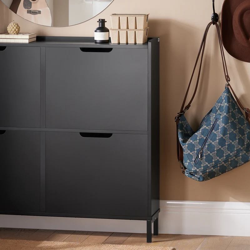 SoBuy FSR100-SCH Meuble à Chaussures 4 Abattants – 19 cm de Profondeur, Jusqu'à 12 Paires, Noir Mat