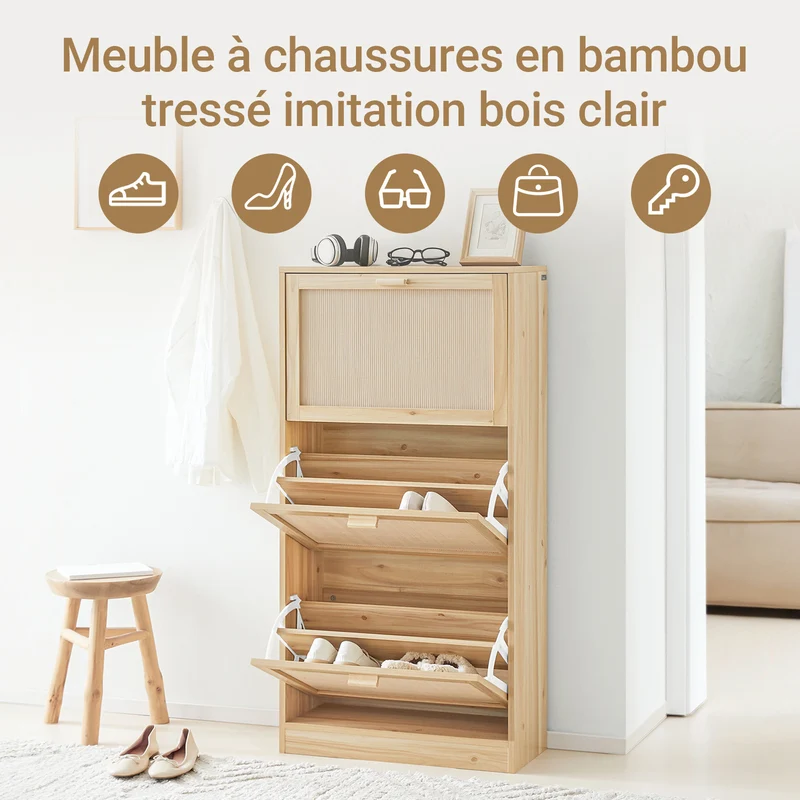 SoBuy FSR159-N Armoire à Chaussures 3 Abattants – L60 × P24 × H118 cm, Naturel