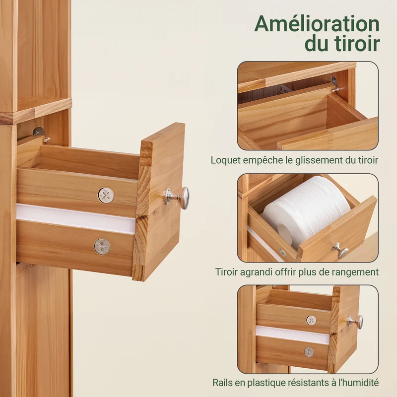 SoBuy BZR34-II-SH Colonne Salle de Bain Ultra-Étroite en Pin Massif, 4 Étagères Réglables et Tiroir, Anti-Basculement – Charge 25 kg – 20×20×180 cm, Bois