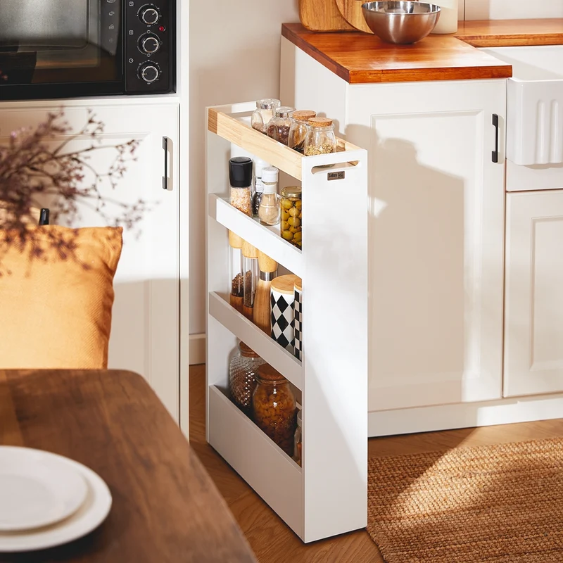 SoBuy NSR12-W Étagère de Niche à roulettes en Bois Meuble de Rangement Cuisine Chariot Placard Alcôve Chariot de Service 4 Étages
