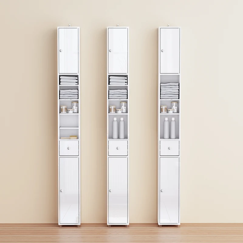 SoBuy BZR167-GW Colonne Salle de Bain avec 1 Tiroir, 2 Portes, 5 Compartiments Ouverts et Étagères Réglables, Gain de Place – L20×P20×H180 cm, Blanc Brillant