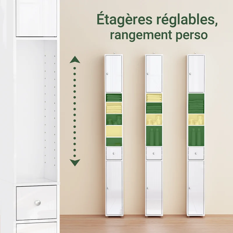 SoBuy BZR167-GW Colonne Salle de Bain avec 1 Tiroir, 2 Portes, 5 Compartiments Ouverts et Étagères Réglables, Gain de Place – L20×P20×H180 cm, Blanc Brillant