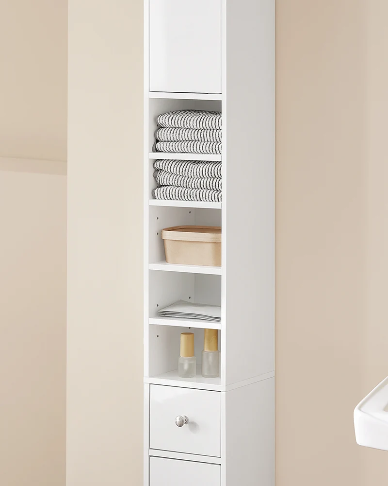 SoBuy BZR167-GW Colonne Salle de Bain avec 1 Tiroir, 2 Portes, 5 Compartiments Ouverts et Étagères Réglables, Gain de Place – L20×P20×H180 cm, Blanc Brillant