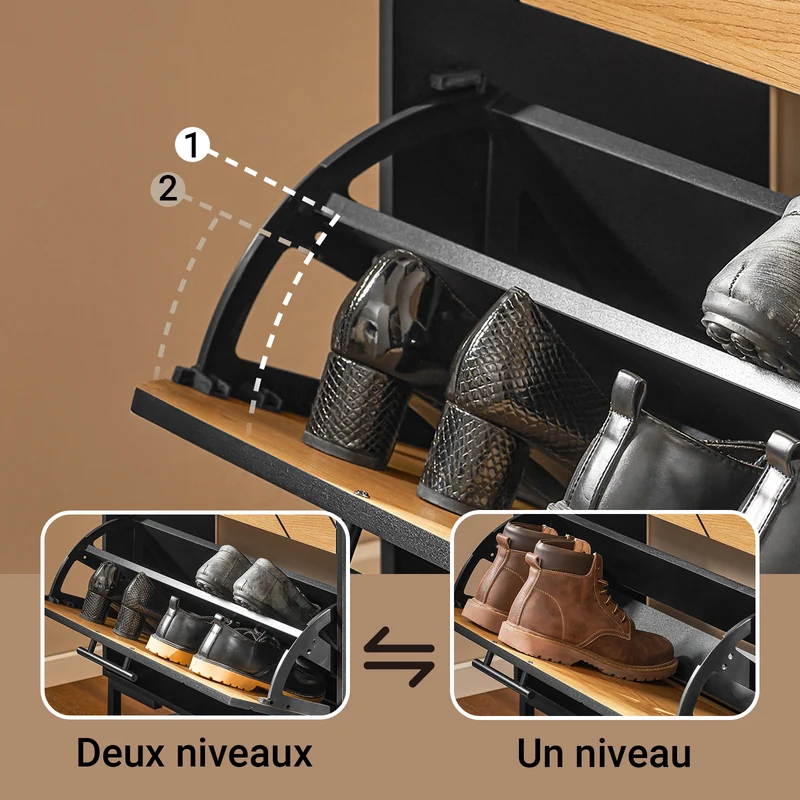SoBuy FSR164-SCH Armoire à Chaussures 3 Abattants sur Pieds Métal – Motif Diamant, 24 cm de Profondeur – 62×24×125 cm, Noir et Bois