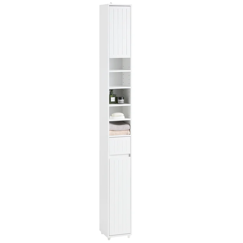 SoBuy BZR160-W Colonne Salle de Bain 20x180x20 cm, Petit Meuble Rangement WC, Meuble Salle de Bain avec Portes, Tiroir, Étagères, Armoire Haute Gain de Place